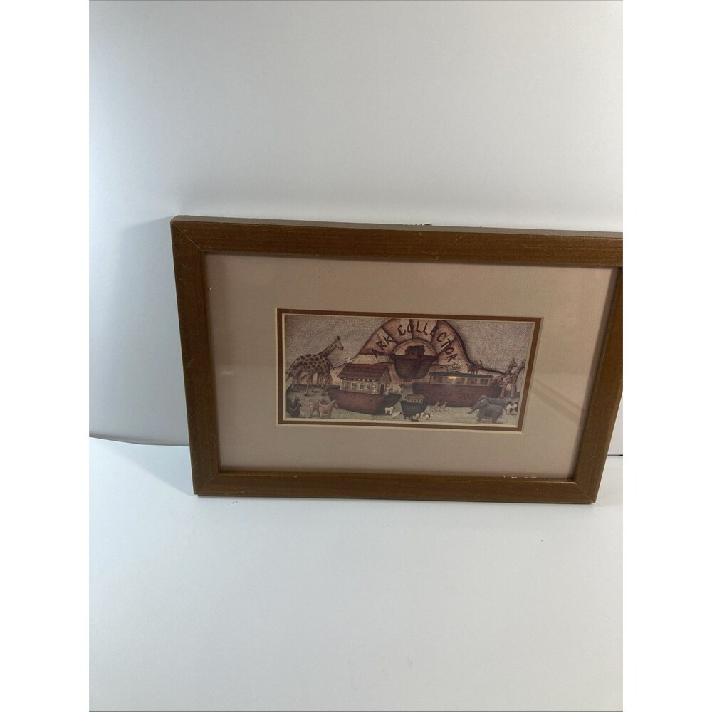 Ark Collector Noahs Ark Brown Wood Framed Glass Wall Lithograph Art 12"x8"